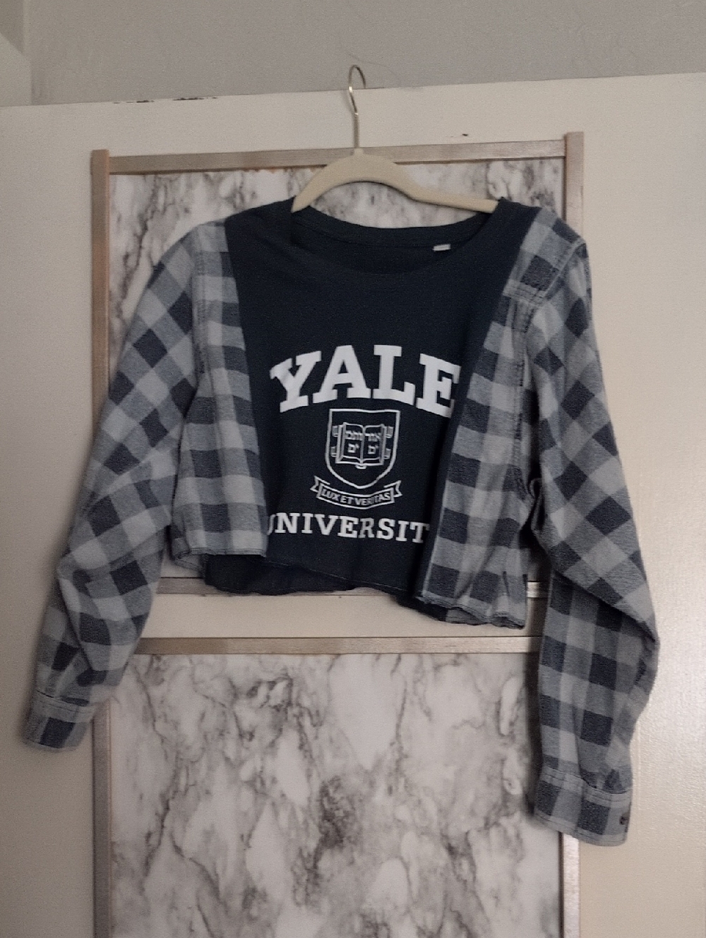 Yale Graphic Cropped Pullover with Plaid Sleeves - Black and Gray